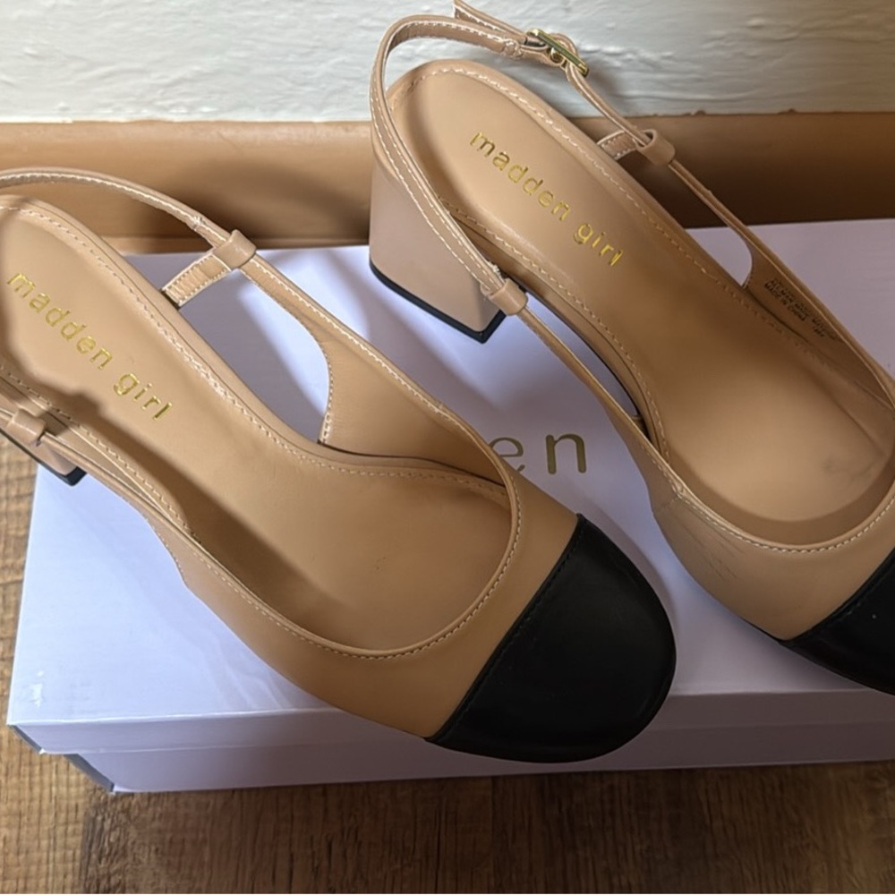 Madden Girl Beige and Black Block Heels